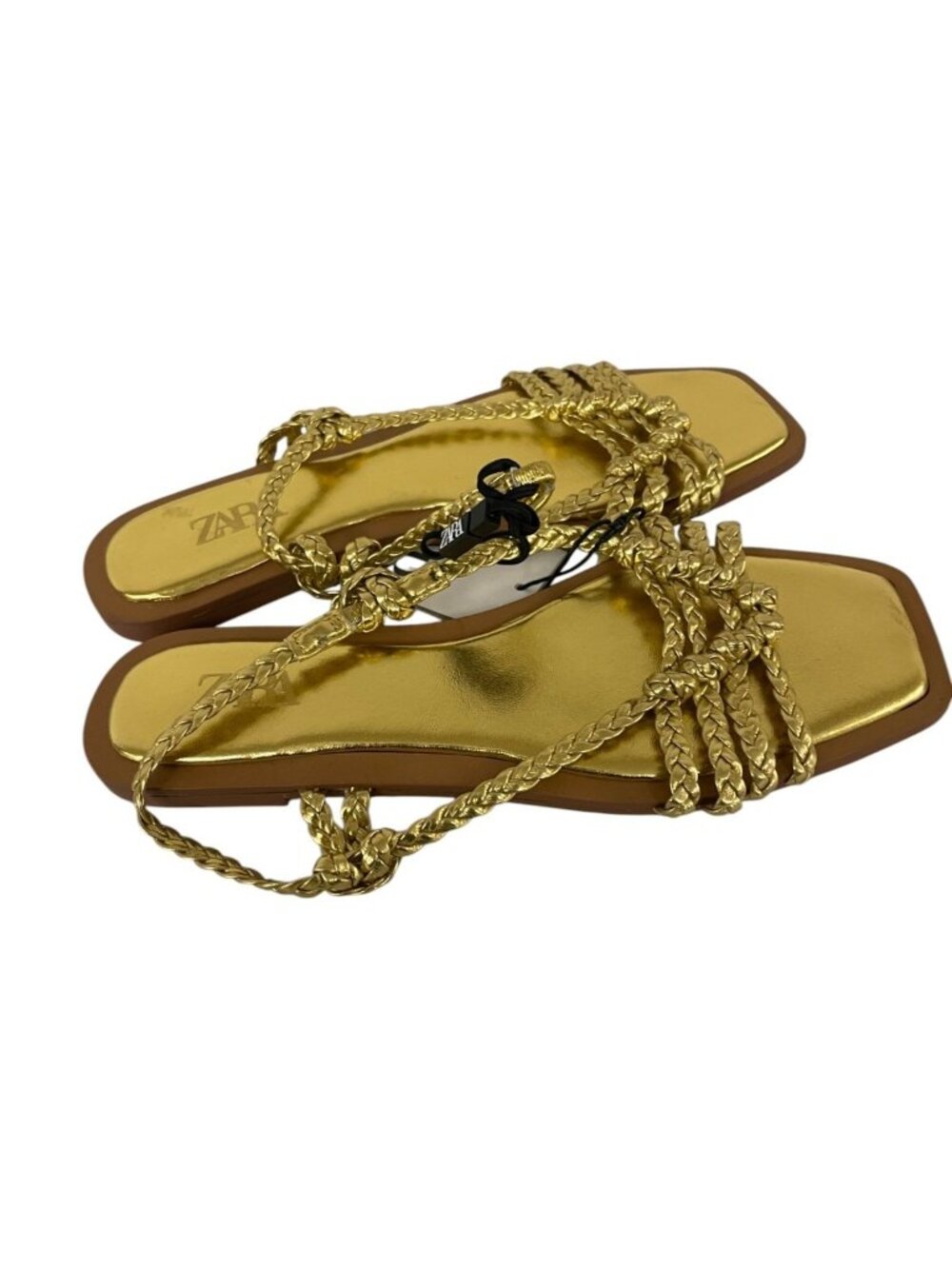 Zara Womens Braided Flat Sandals EU 38 US 7.5 Gold Square Toe 2622/110 NWOB